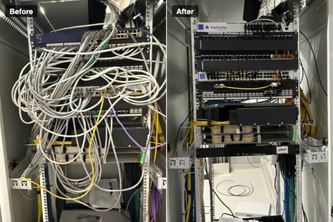A network rack before and after FlatTurtle recabled it