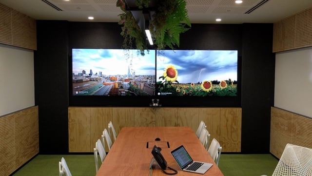 Meeting room with dual displays and a video-conference camera